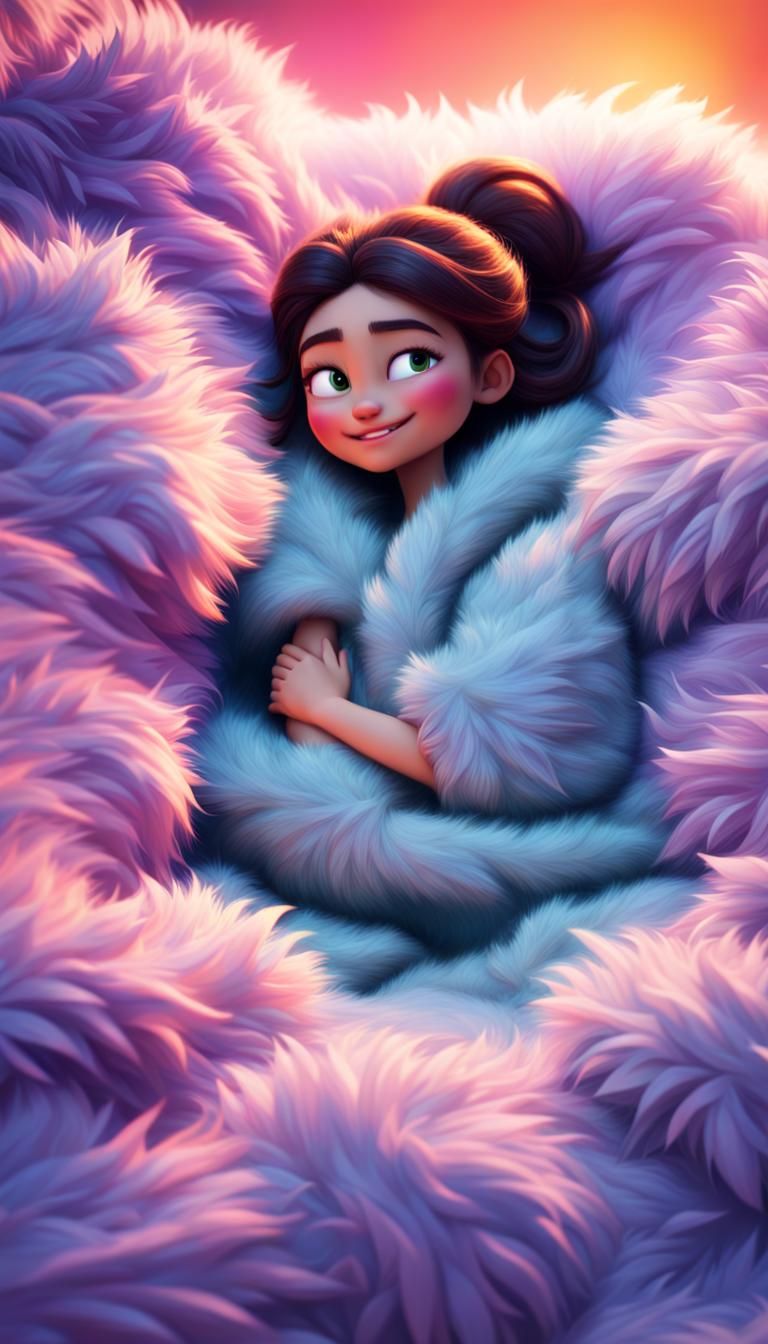 Happy Girl Buried in Fur, 3D Digital Art