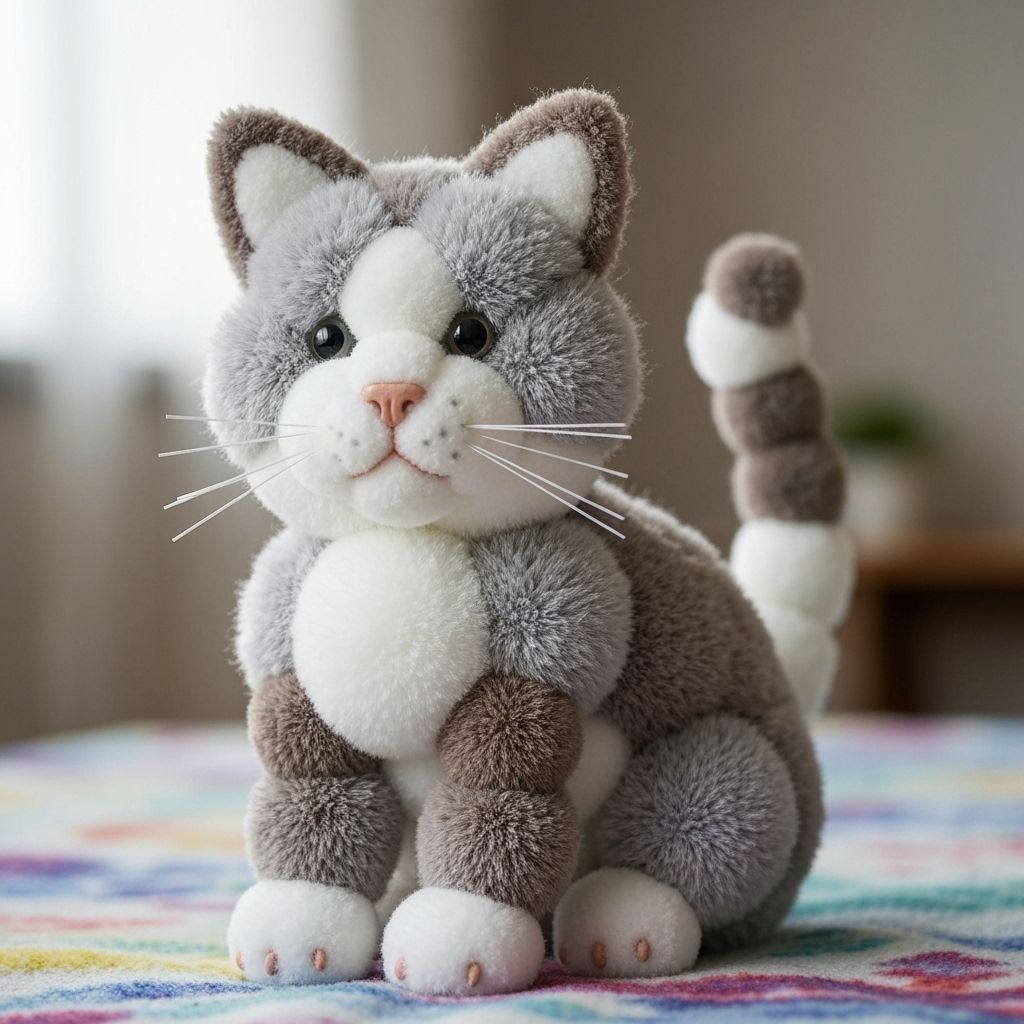 Pom Pom Cat Sculpture on Patterned Blanket