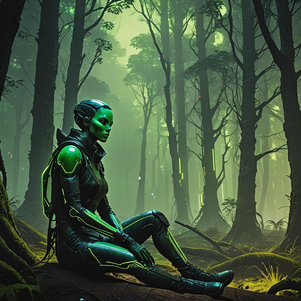 Green Alien Girl in Glowing Cyberpunk Forest