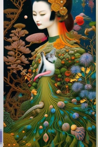 Surreal Cat-Universe Woman in Mycelium Network