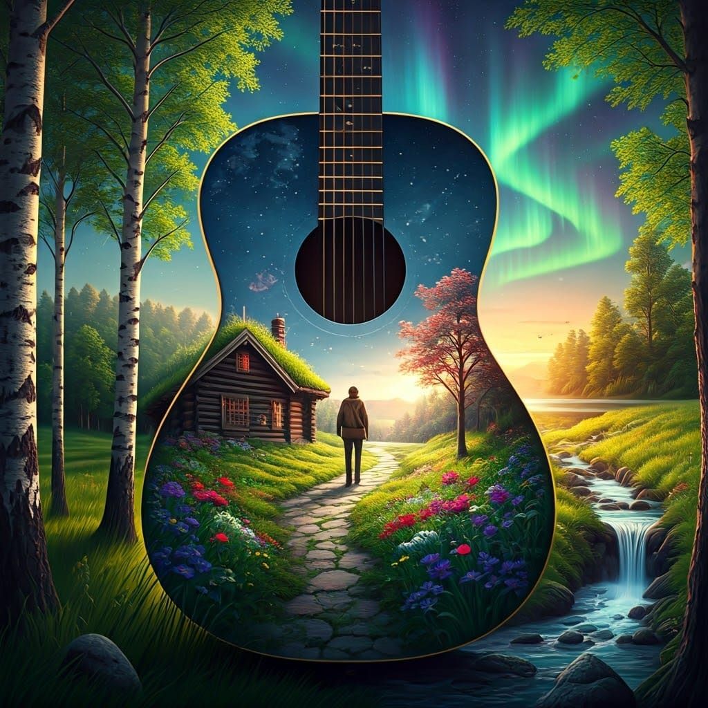 Surreal Guitar Scene with Norwegian Landscape and Fantasy El...