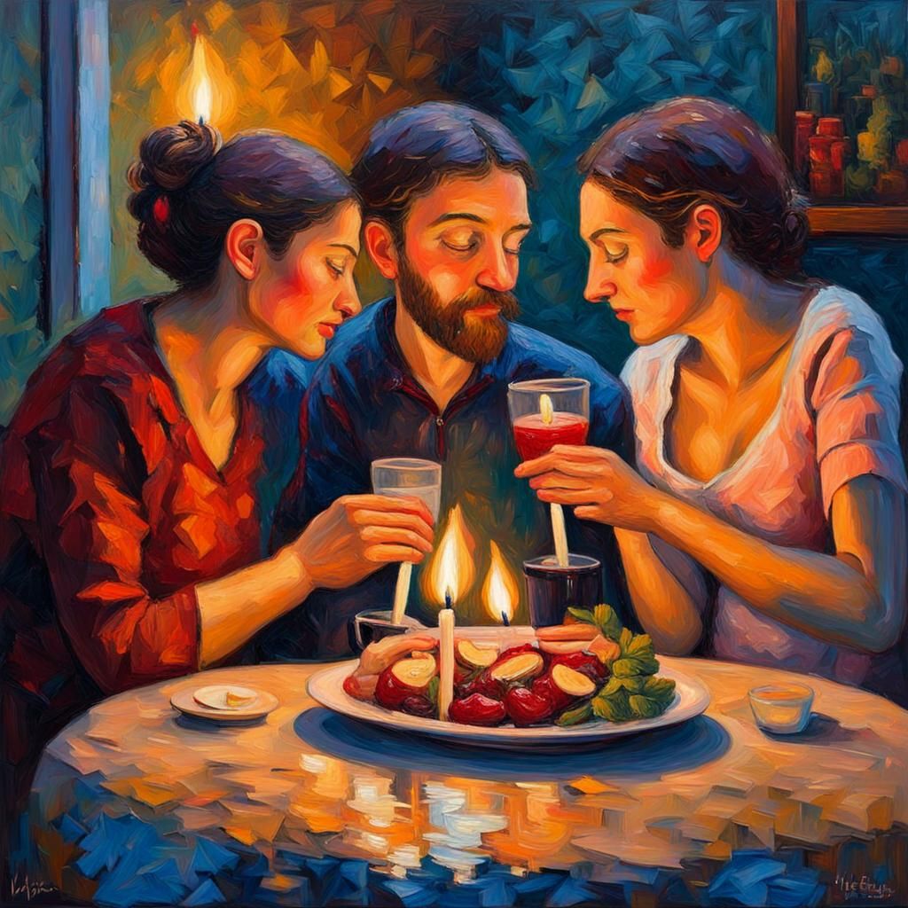 Candlelit Meal: Neo-Impressionist Expressionist Oil Painting