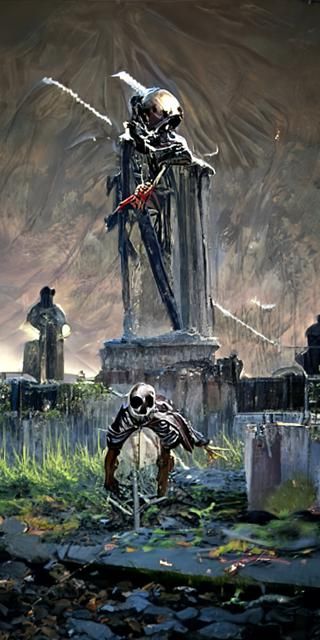 Graveyard Skeleton with Scythe in Engraving Style