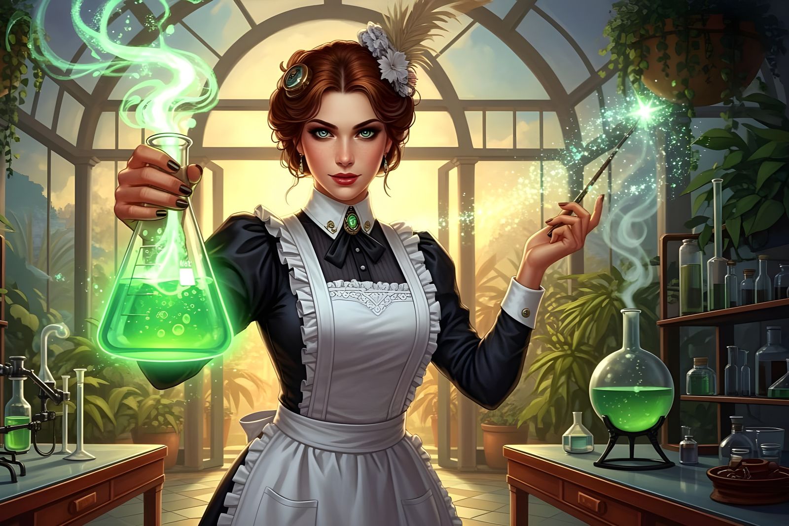 Steampunk Chemist with Glowing Potion in Greenhouse Lab