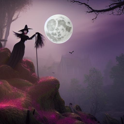 Fantasy Witch Flying to the Full Moon