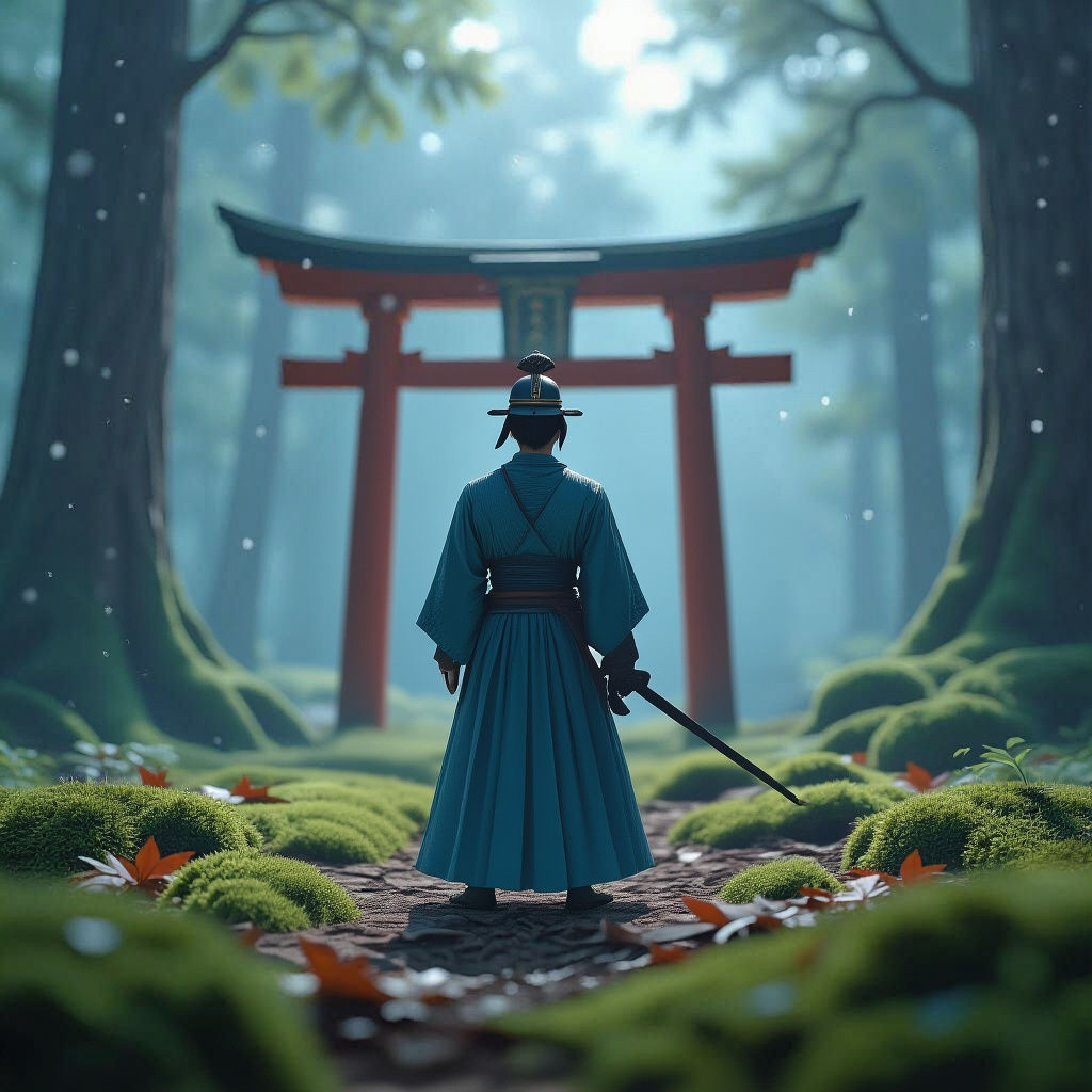 Mystical Samurai Snow Globe in Forest Light