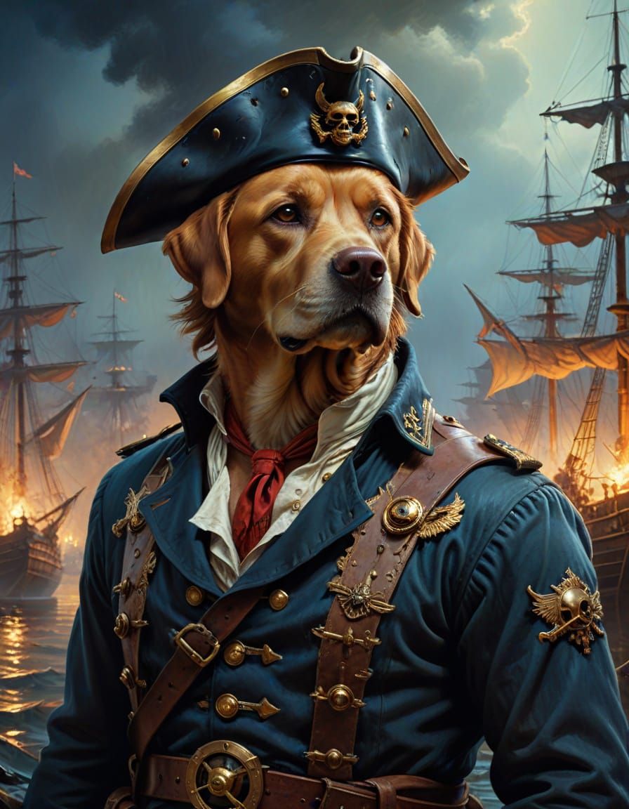 Labrador-Pirate Steampunk Sailor in Oil Painting Style