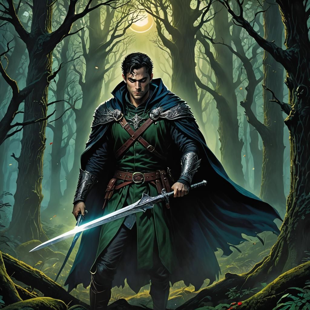 Mystical Forest Warrior with Glowing Sword