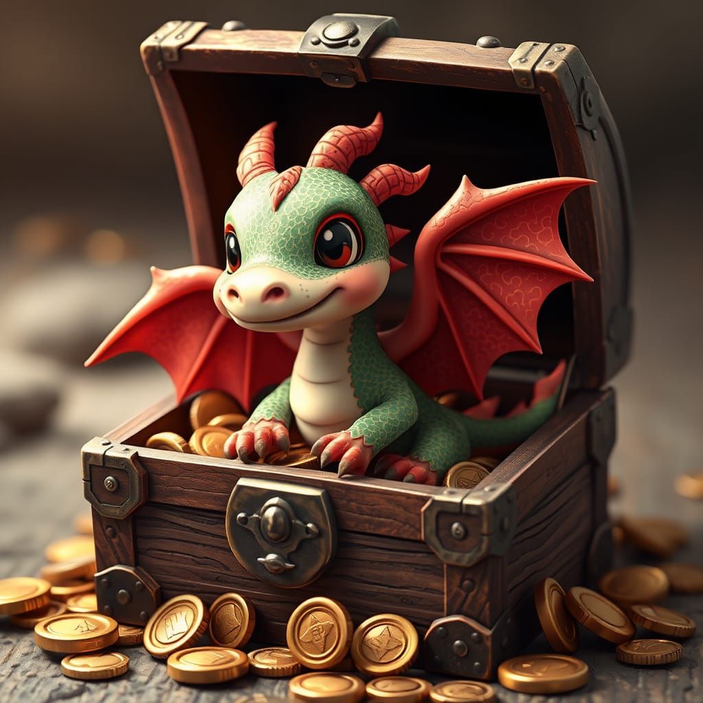 Whimsical Treasure Dragon in a Chest of Gold