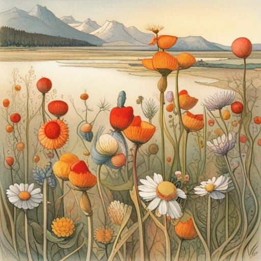 Wildflower Meadow in Golden Age Illustration Style