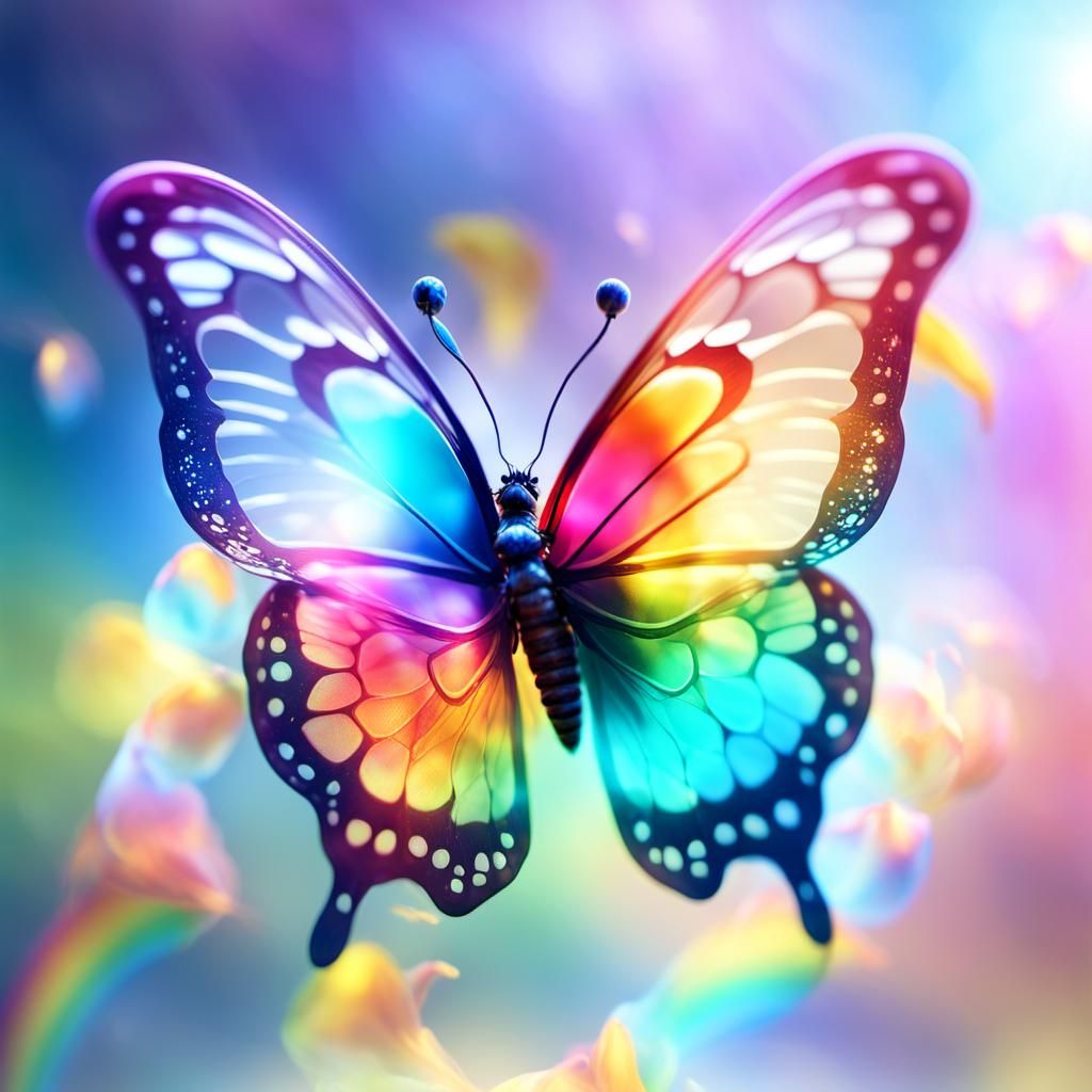 A totally see through butterfly flying over a bright colour ...