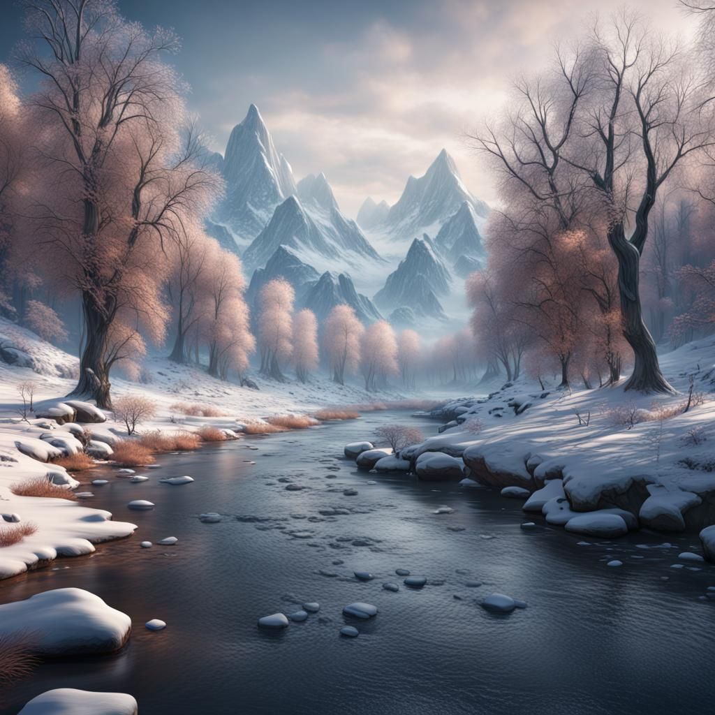 Majestic Winter Riverscape in Detailed Matte Painting Style