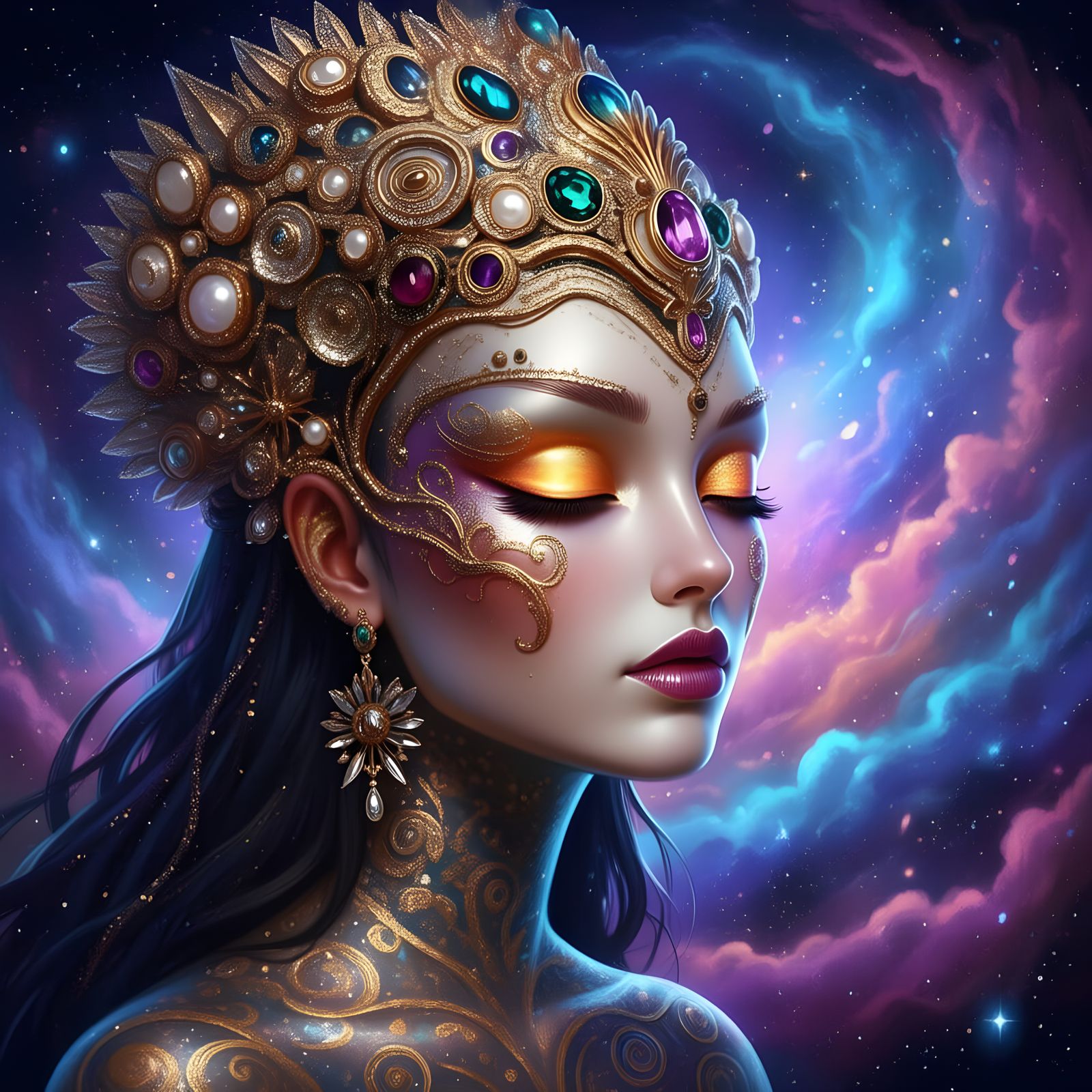 Native American Woman Gazes into Cosmic Nebula in Storybook ...