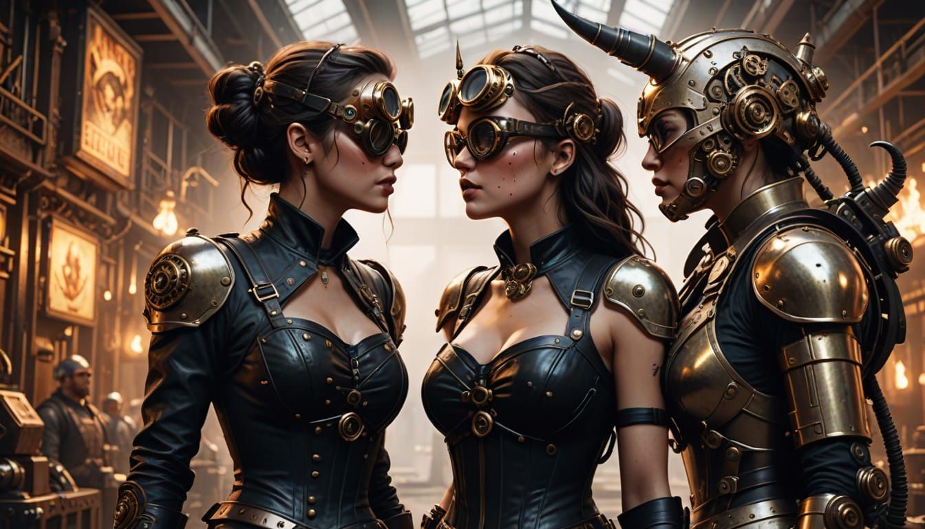 Steampunk Women Battle Minotaur Mech: Comic Book Art