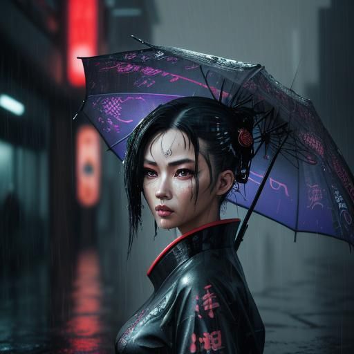 Cyberpunk Geisha in Rain-Soaked Cityscape