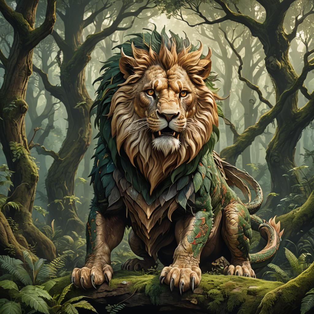 Majestic Dragon-Lion in Mystical Forest