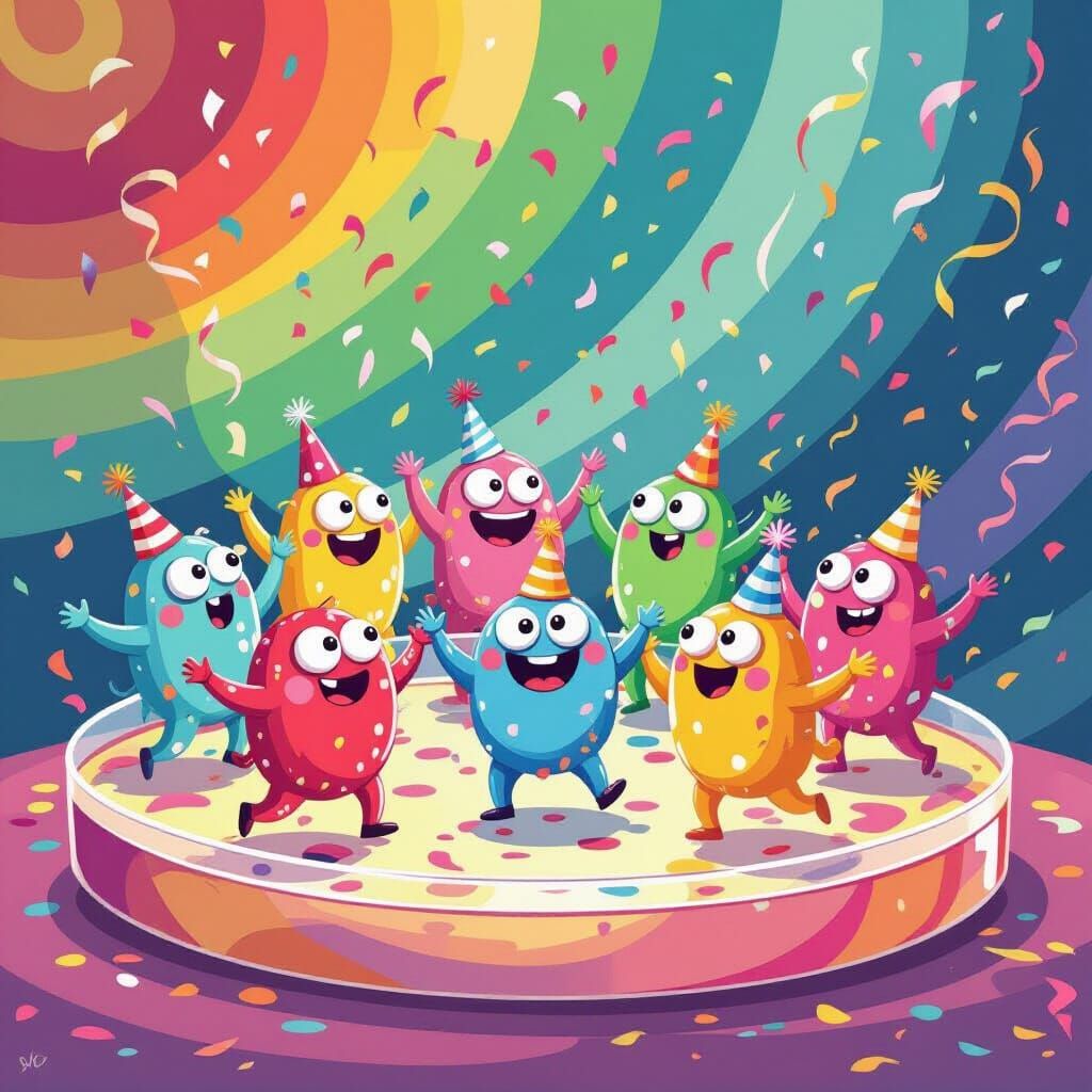 Playful Microbes Dancing in a Colorful Petri Dish