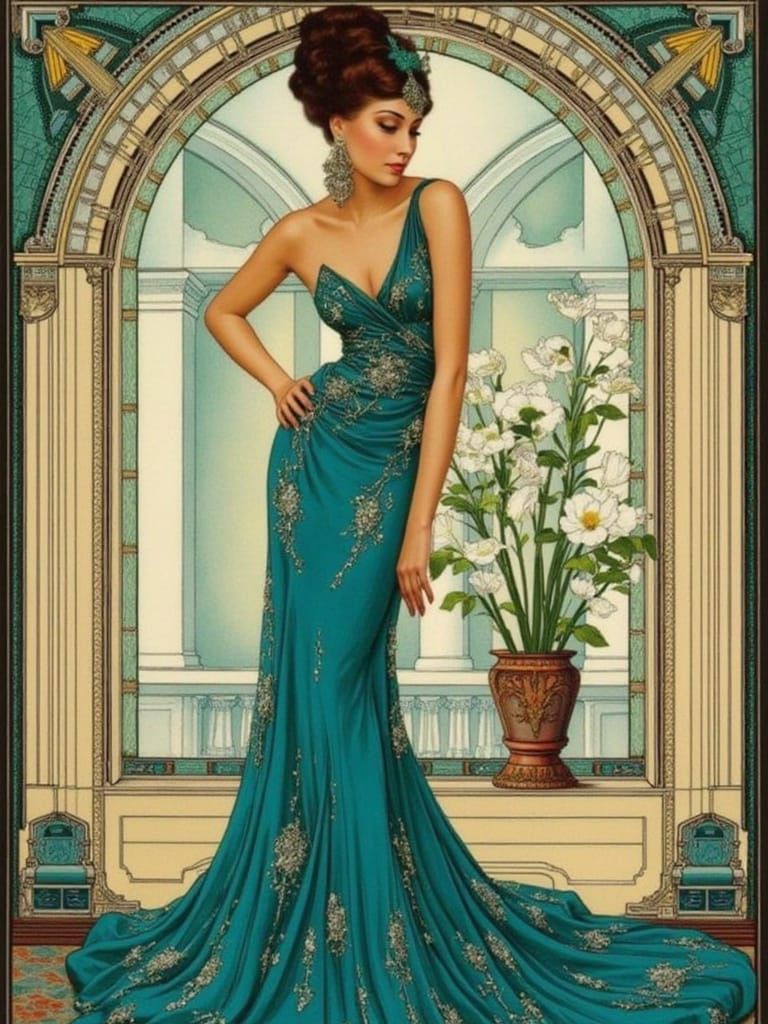 Art Deco Woman with Lilies in Japanese Landscape