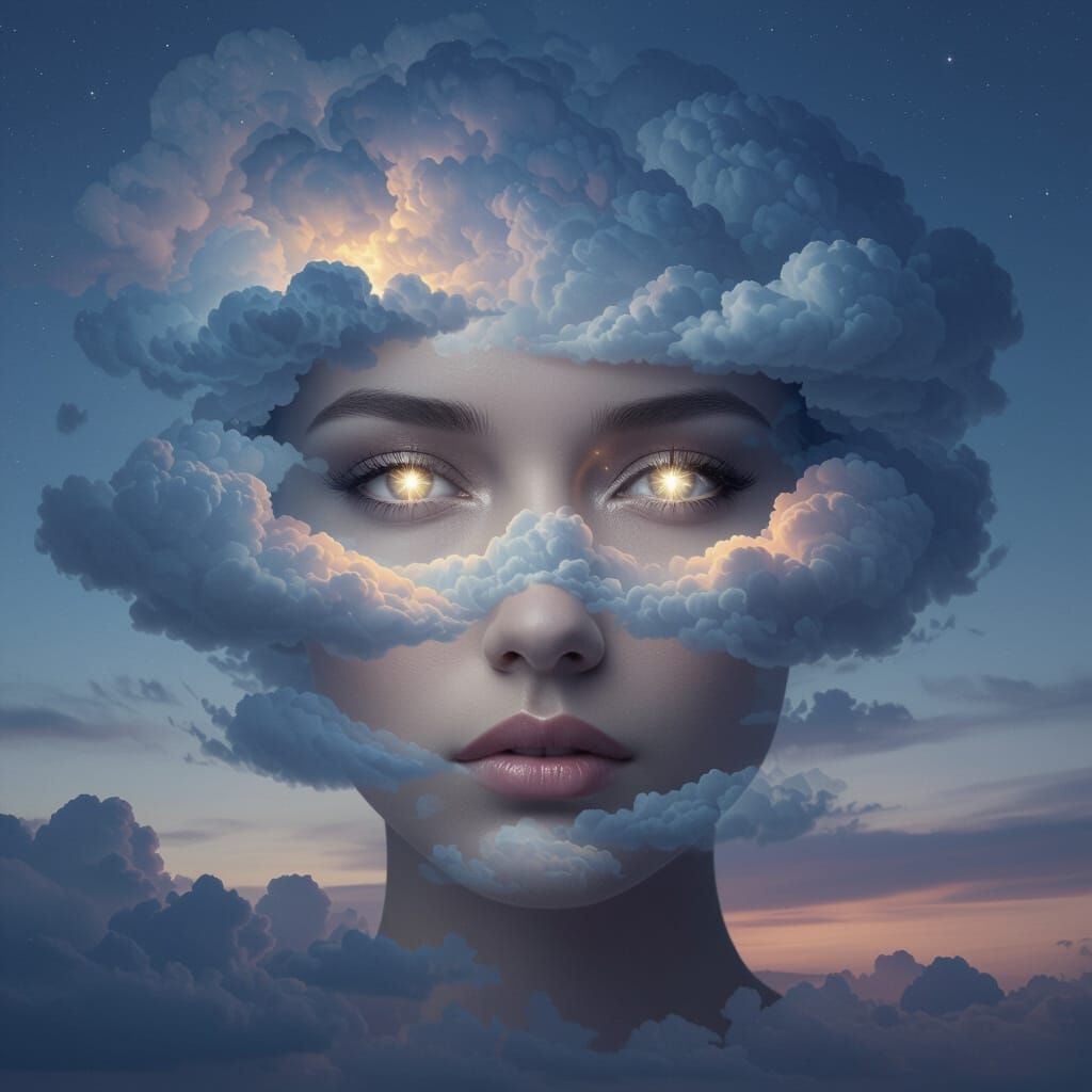 Surreal Cloud Woman Portrait with Star Eyes