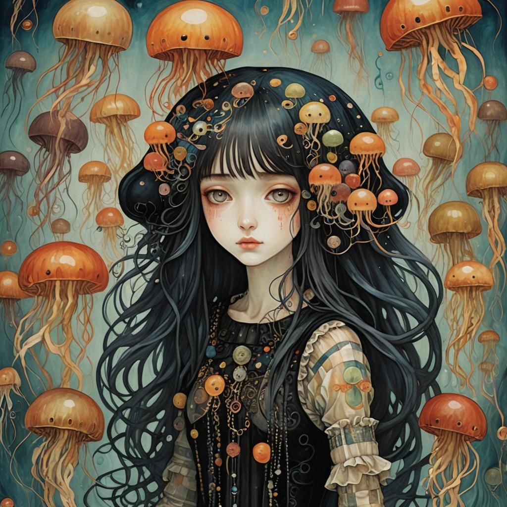 Emo Goth Anime Girl with Jellyfish, Surreal Art