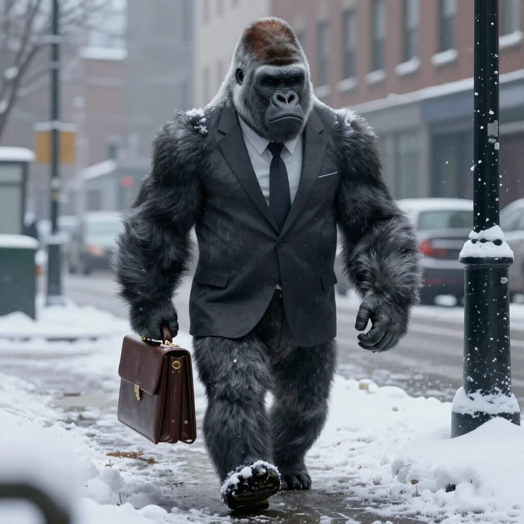 Gorilla in Suit on Snowy Street, Cinematic Digital Painting