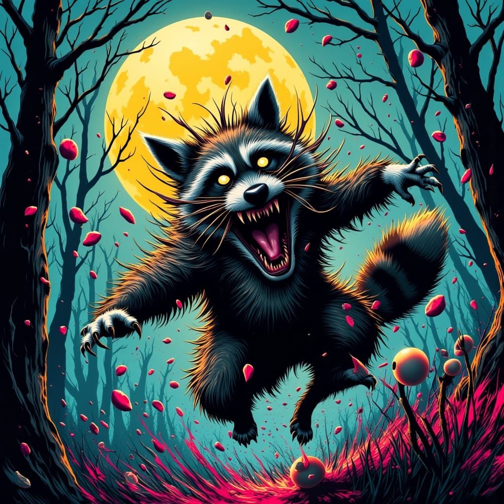 Surreal Cyberpunk Raccoon Leaps Under Full Moon