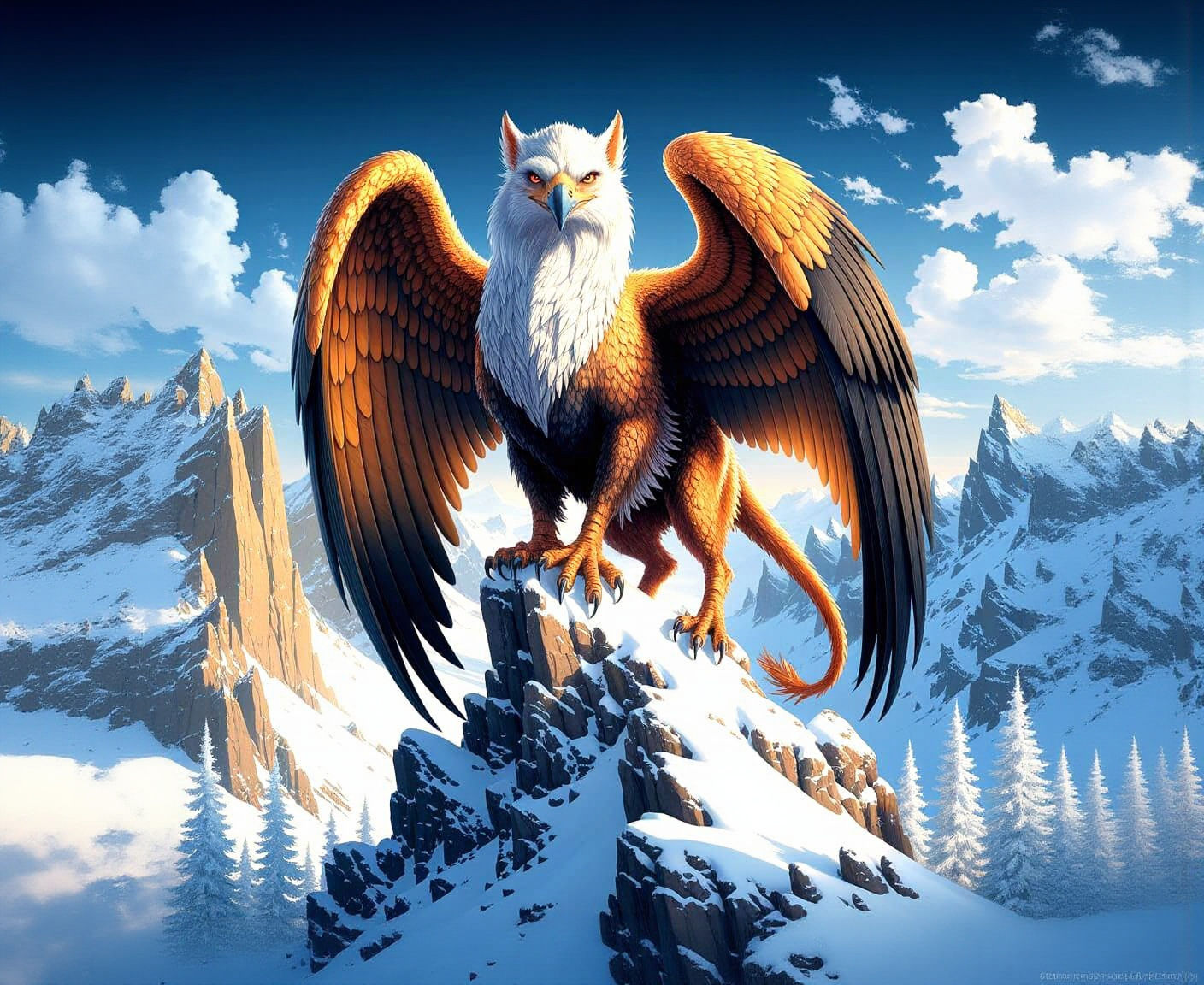 Griffin Perched on Snowy Peak in Fantasy Art Style
