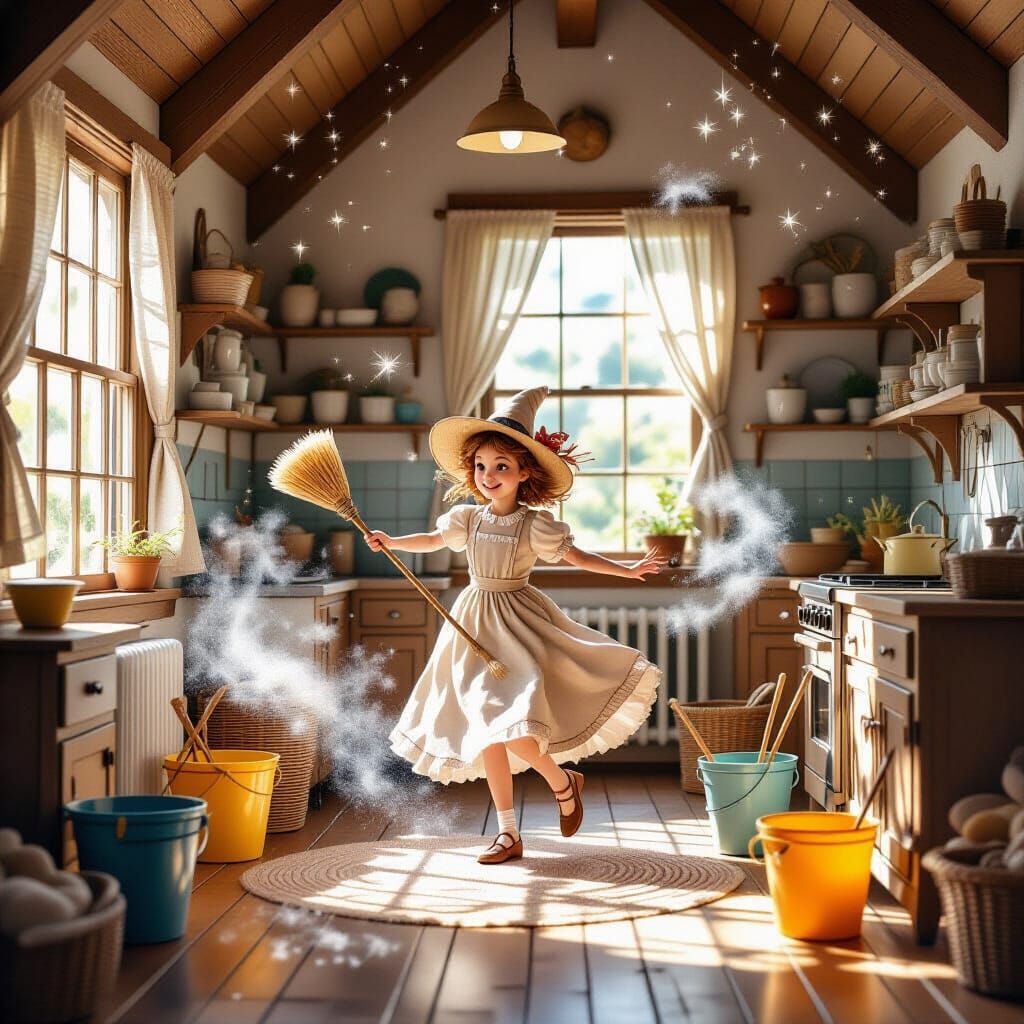Enchanted Cottage Cleaning Scene in Watercolor Style