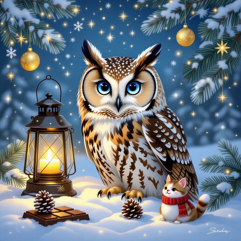 Majestic Owl in Snowy Winter Scene with Vintage Lantern