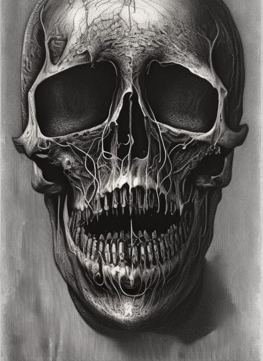 Decomposing Cybernetic Humanoid in Copper Engraving Style