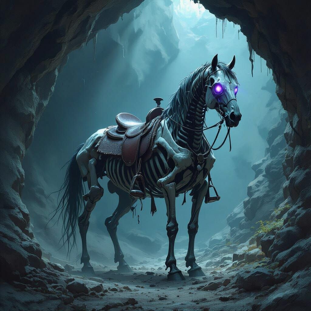 Undead Skeletal Horse in Cave, Dark Fantasy Style