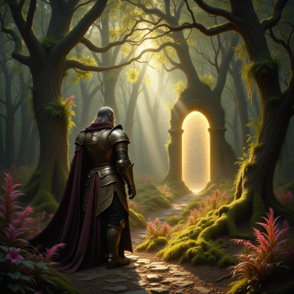 Regal King Gazes at Portal in Enchanted Forest