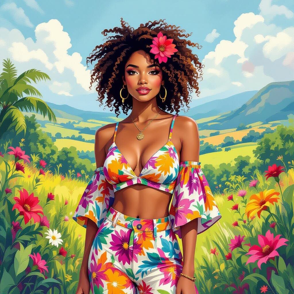 Exotic Woman in Lush Landscape, Nouveau Art Style