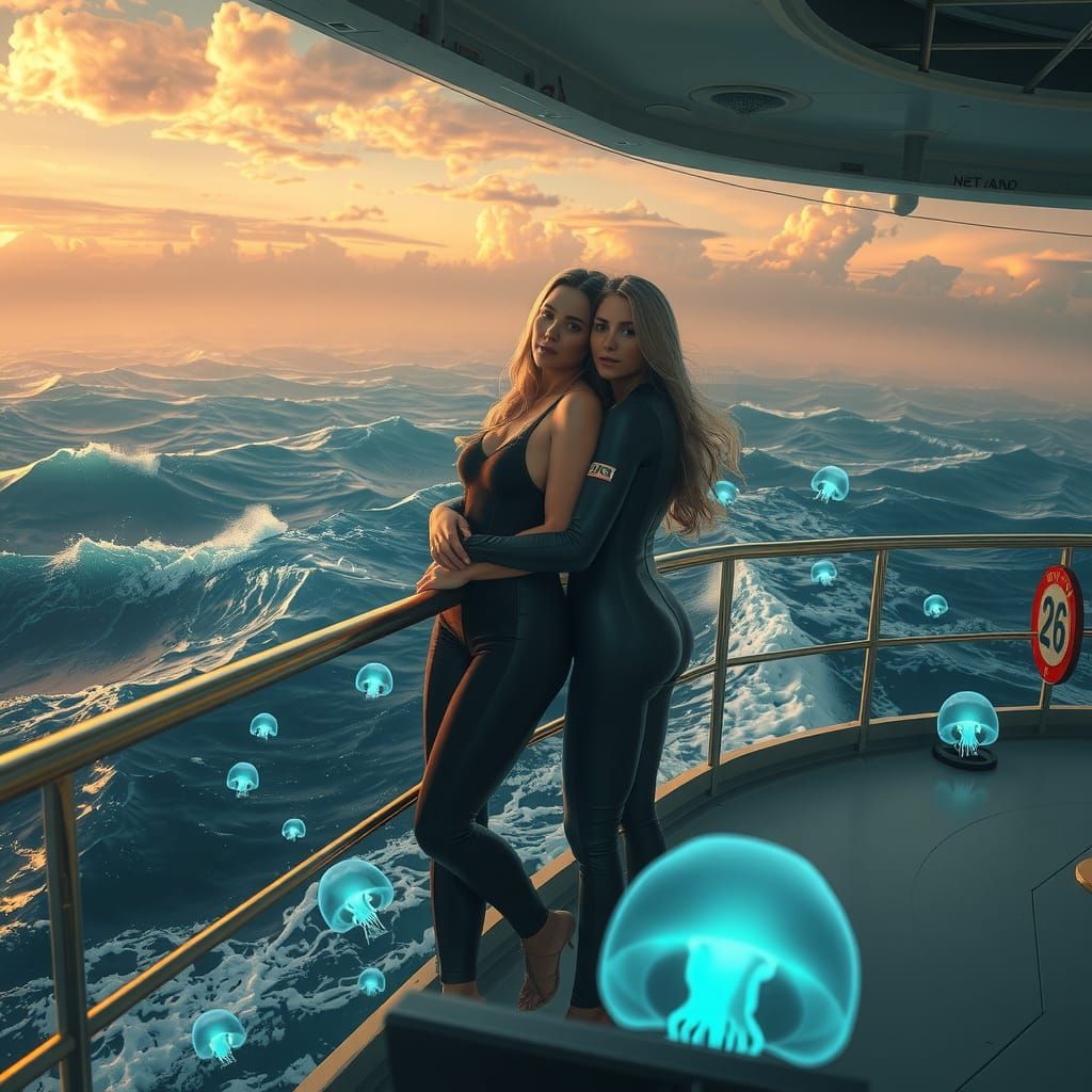 Sensual Embrace on Floating Outpost at Golden Hour