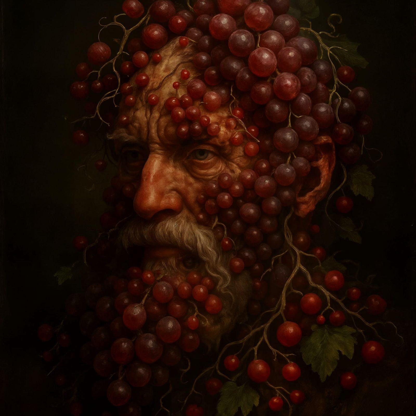 Surreal Portrait: Man's Face Merging with Grapes