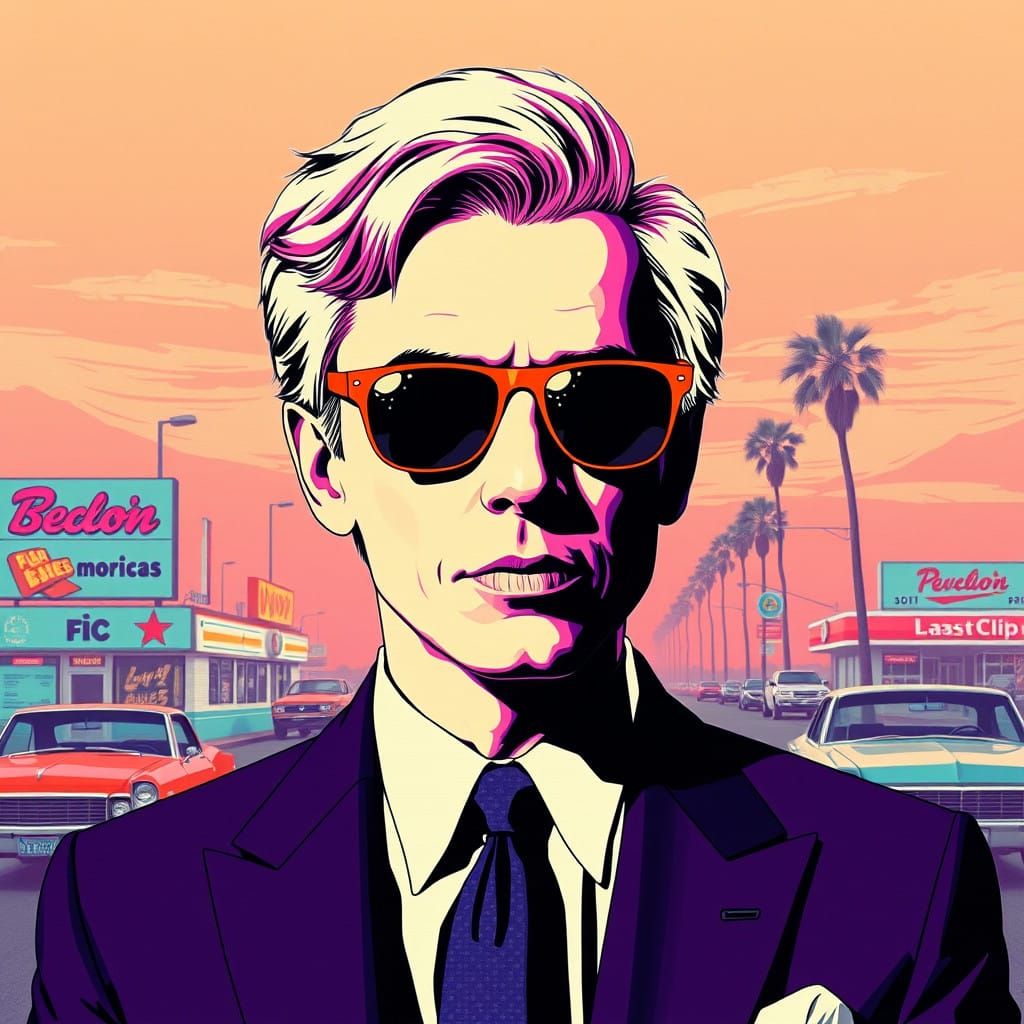Vaporwave Nostalgia Portrait of Andy Warhol in Pop Art Style