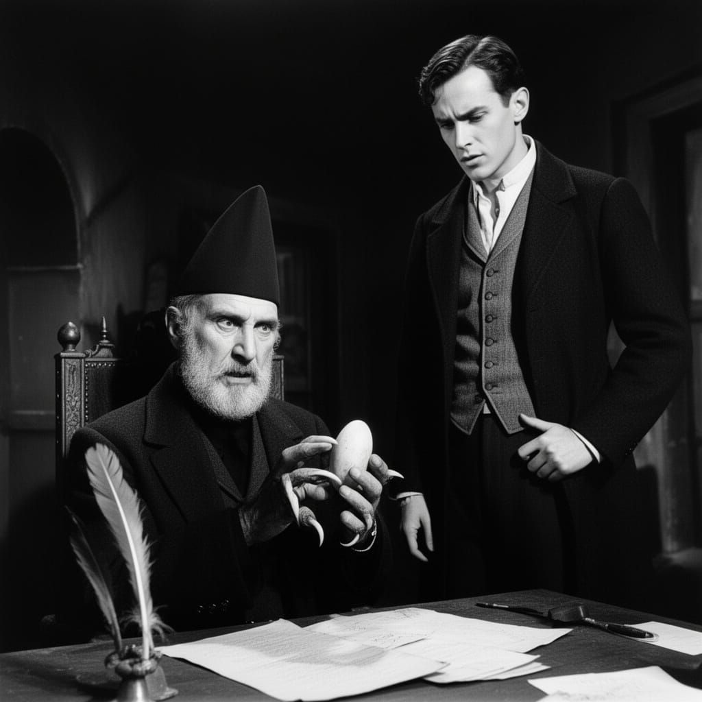 Gothic Scene: Man in Pointed Hat Examines Object