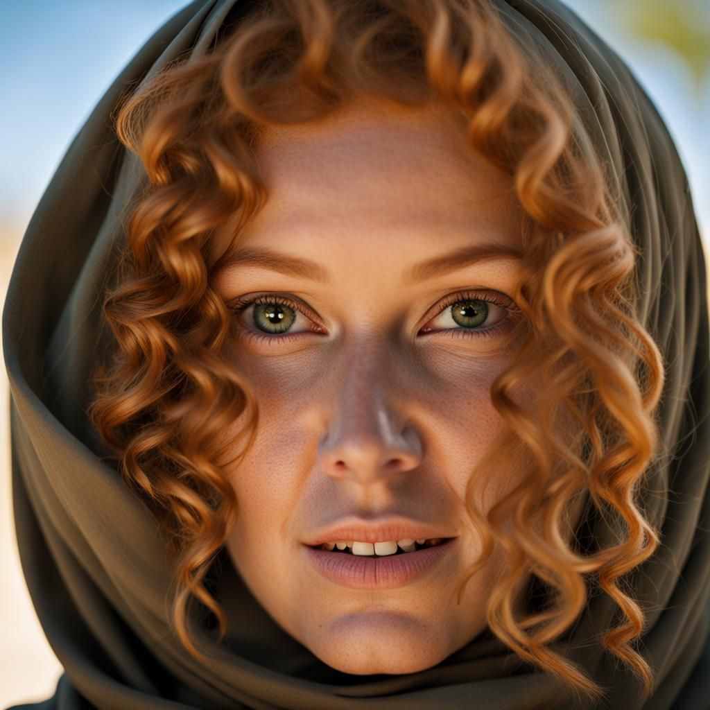 Strawberry Blonde Woman in Hijab in Arabian Village