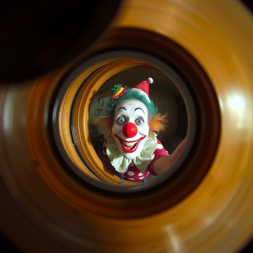 Distorted Clown Reflection in a Peephole
