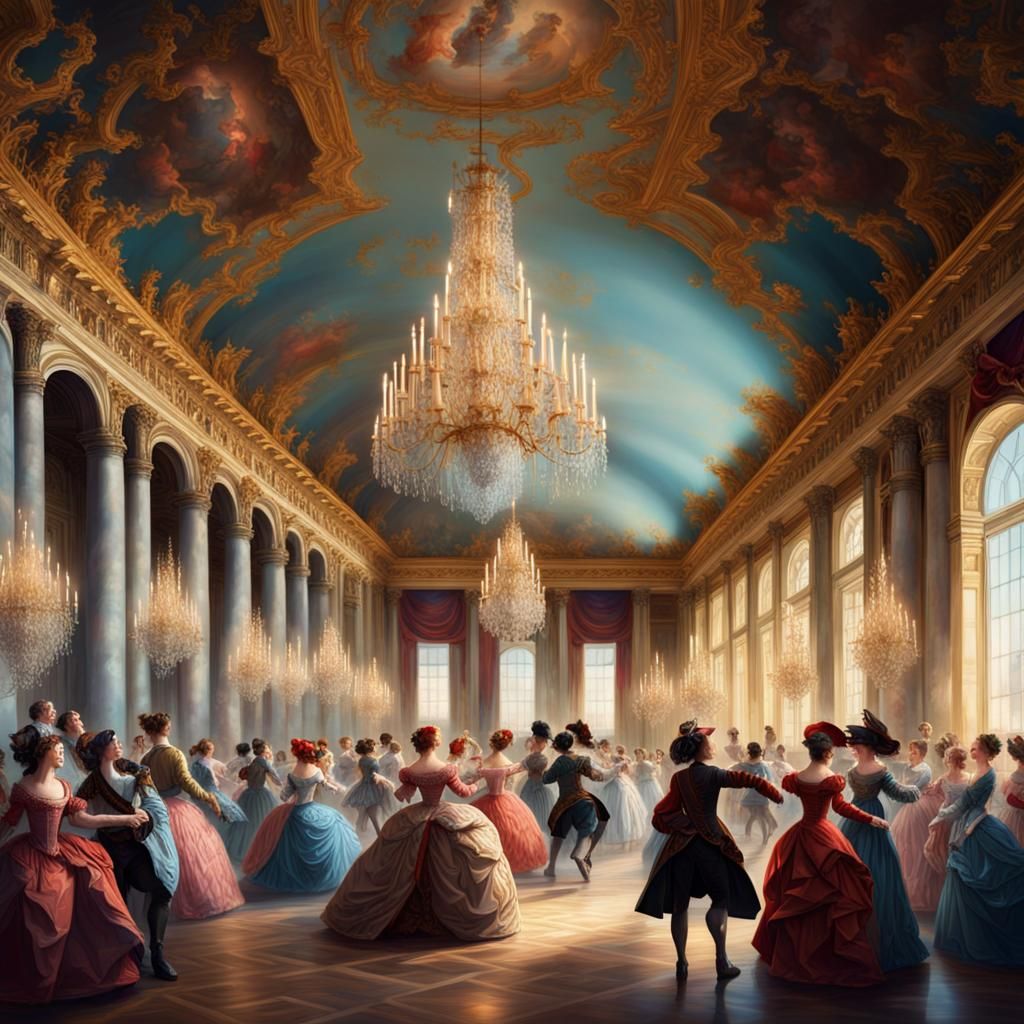 Versailles Dance Party in Hyperrealistic Splash Art
