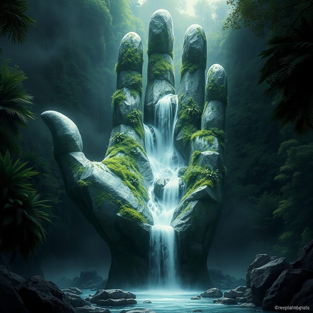 Glowing Crystal Cascade in Lush Fantasy Landscape