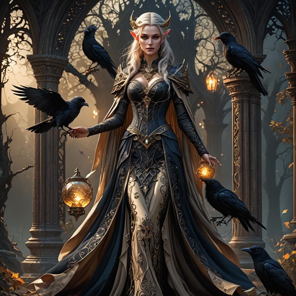 Gothic Elf Witch with Raven Familiar
