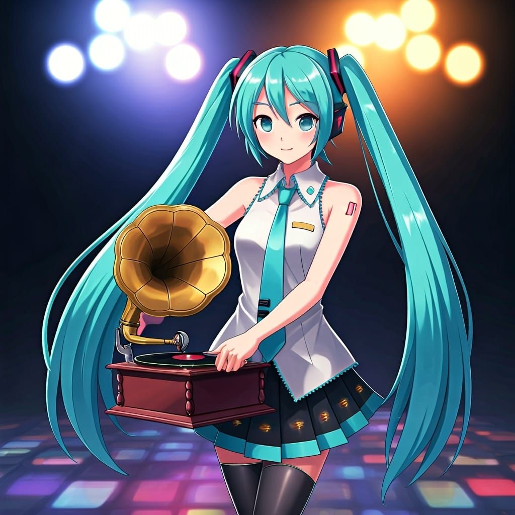 Hatsune Miku Scratching Gramophone in Disco