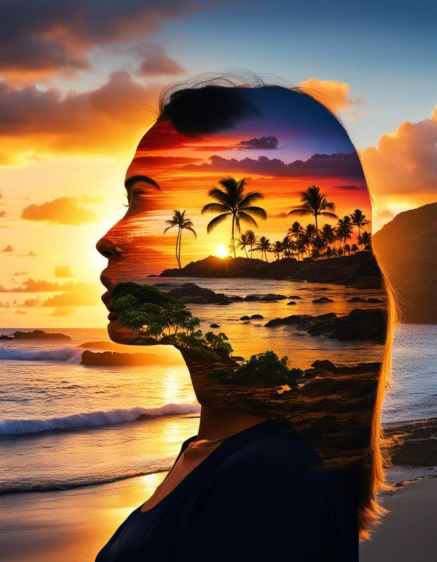 Hawaii Sunset Double Exposure: Island Harmony