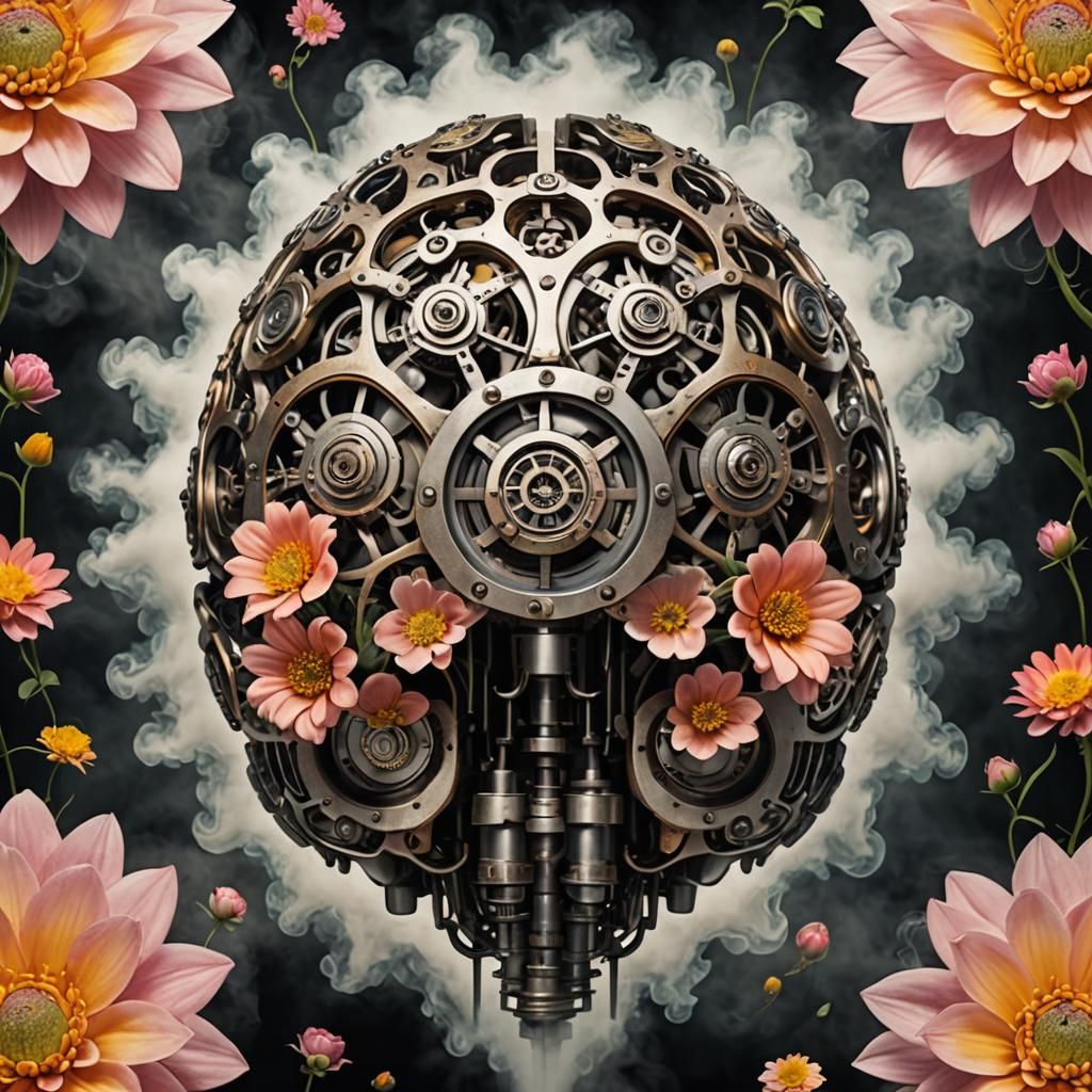 Steam-Powered Brain in Flower, Photorealistic Image