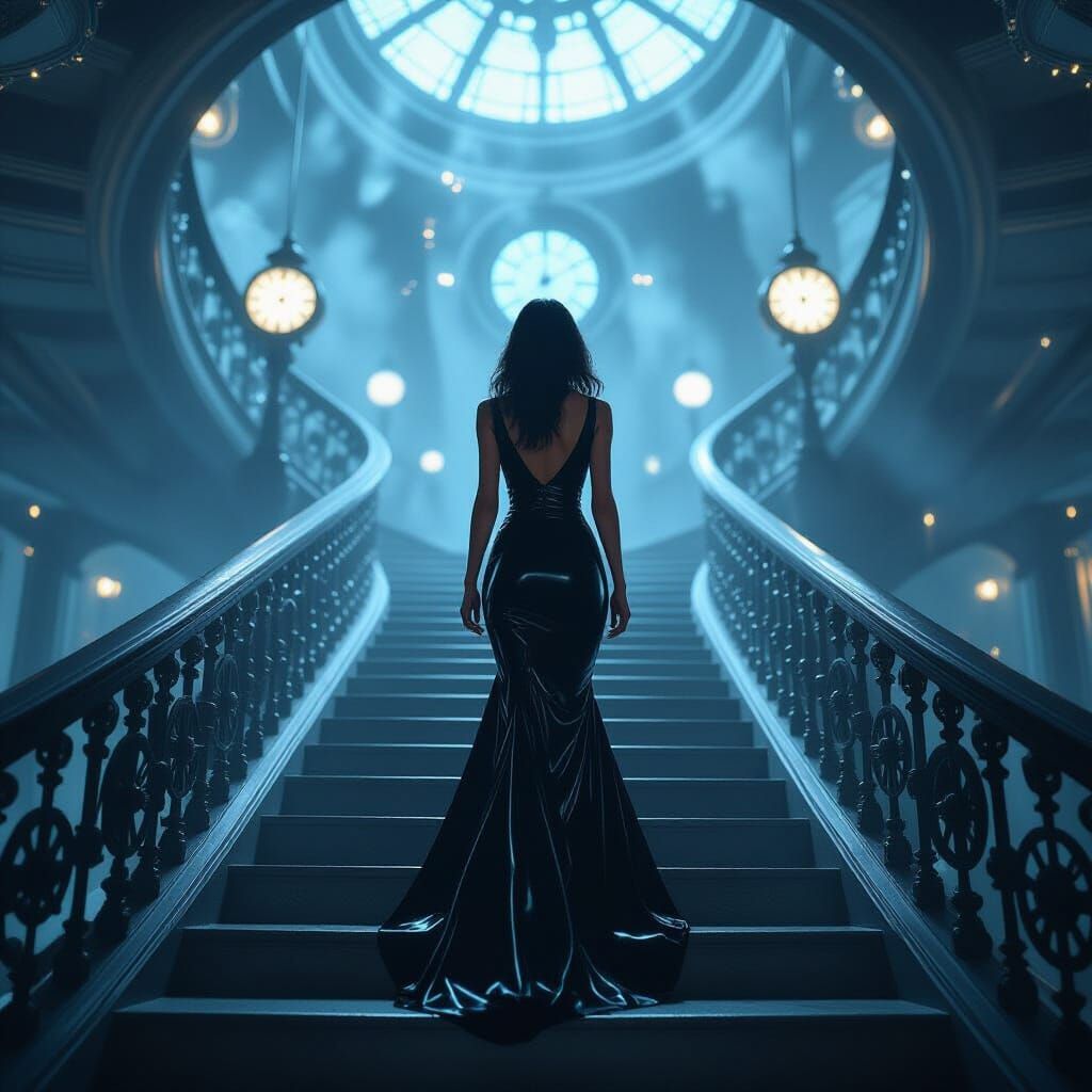 Ethereal Woman Descends Dreamlike Staircase in Surreal Style