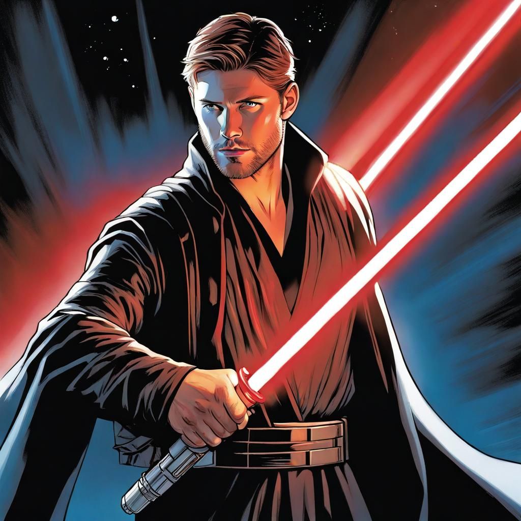 Jensen Ackles as Anakin Skywalker with a full beard stubble holding a red light saber