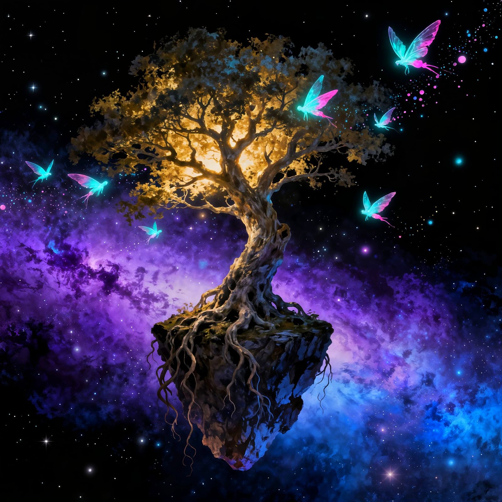Ancient Tree on Island in Cosmic Nebula