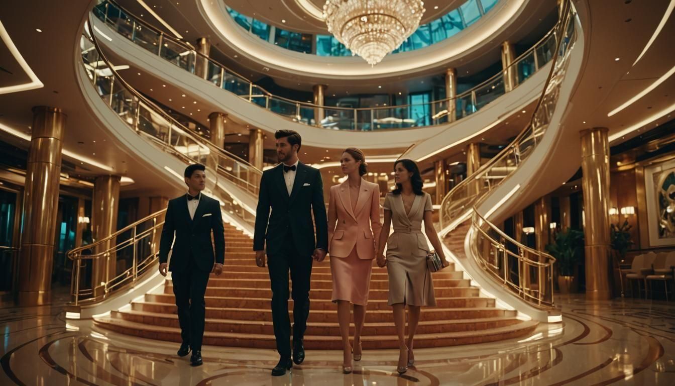 Futuristic Cruise Ship Interior: Cinematic Film Still