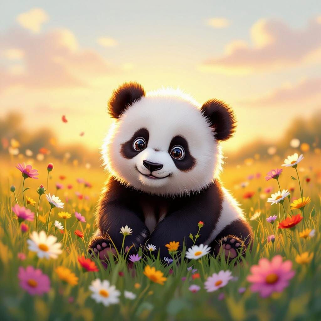 Adorable Baby Panda Tumbles in Wildflowers at Sunset